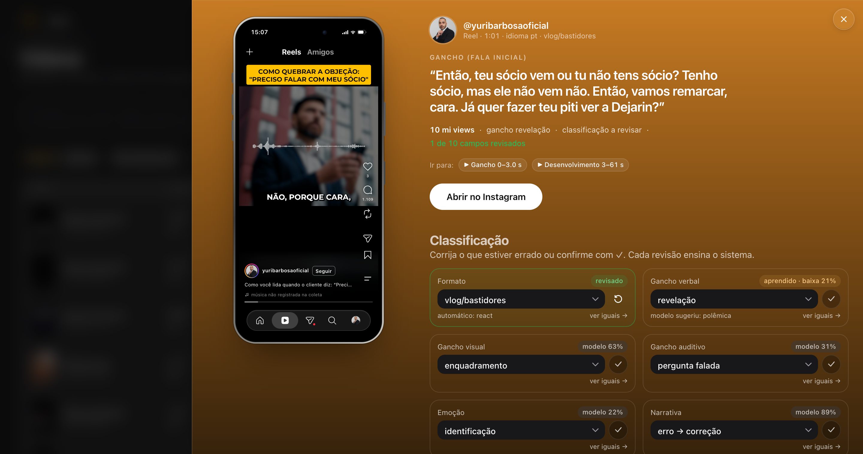 Ficha completa de um Reel na Virals
